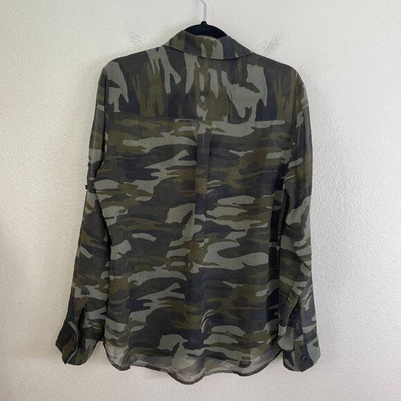 Express Portofino Shirt Womens Large Camo Button Up Sheer Roll Tab Sleeve Blouse - Picture 8 of 8
